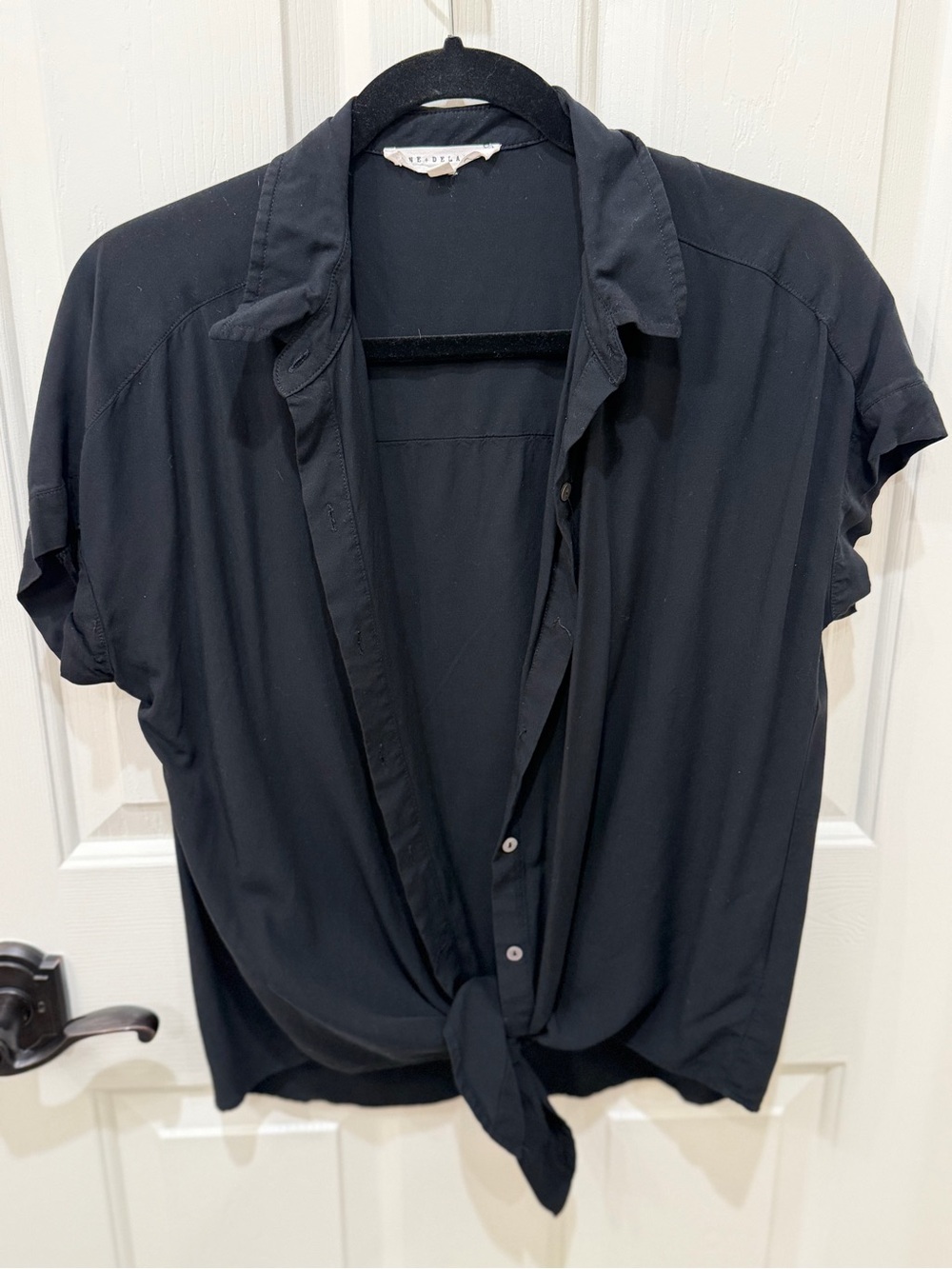 Black Womens Short-Sleeve Button Shirt with Front Tie